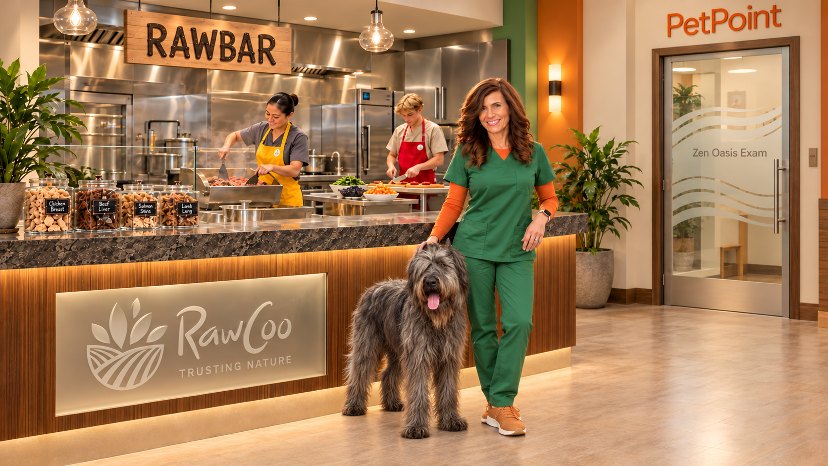 Dr. Kathy and Cody at PetPoint’s RawBar, with Guadalupe cooking and a helper preparing fresh ingredients behind them.